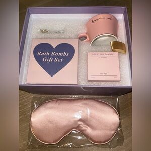 A thank you, birthday,EYE MASK, MUG, SOY CANDLE, 4 BATH BOMBS, Heart paper clip.